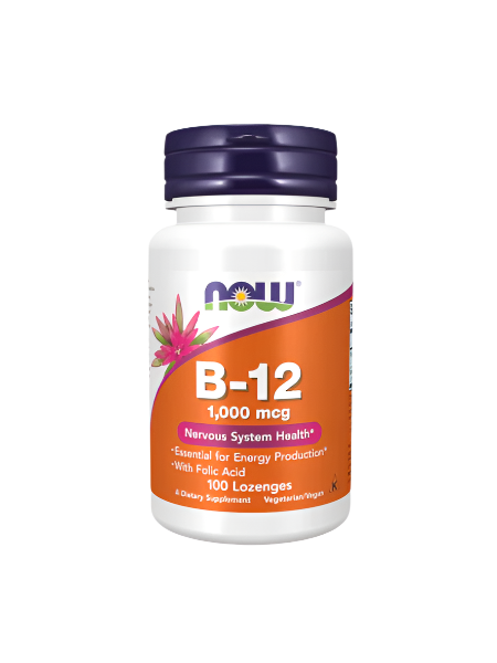 Frontal view of NOW B-12 supplement bottle with 100 lozenges, promoting energy and nervous system health.