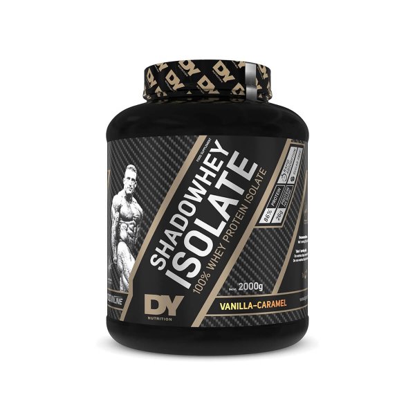 Dorian Yates Shadowhey Isolate 2000g protein powder in Vanilla-Caramel flavor, high-quality whey protein isolate.