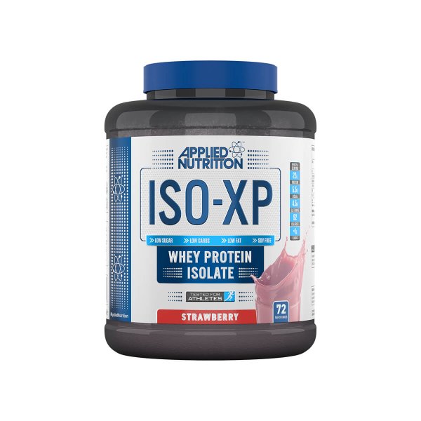 Container of ISO-XP 100% Whey Protein Isolate in Strawberry flavor, 1.8kg, ideal for muscle recovery and low-carb diets.