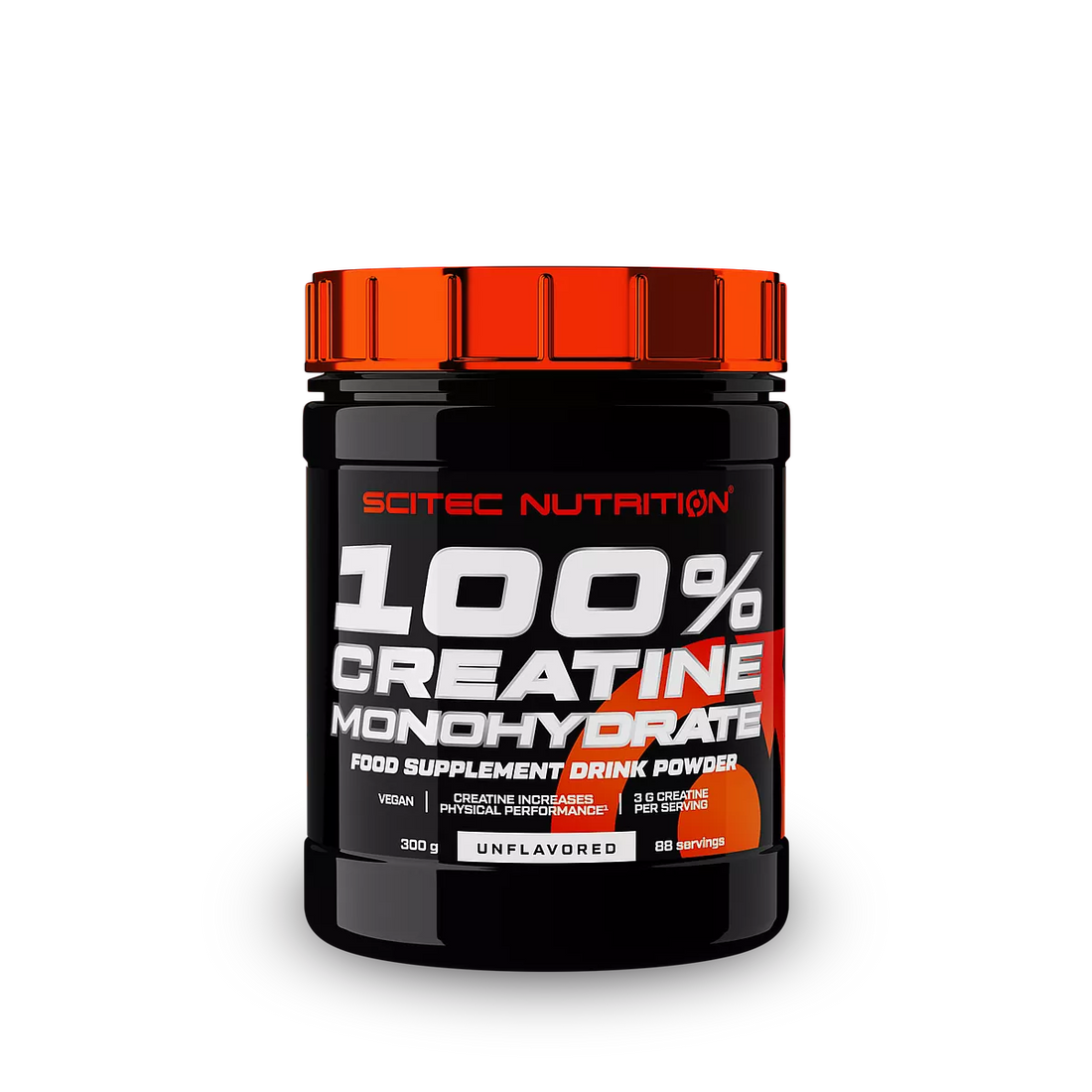 Scitec Nutrition 100% Creatine Monohydrate supplement jar, unflavored drink powder, 300g, enhances strength and performance.