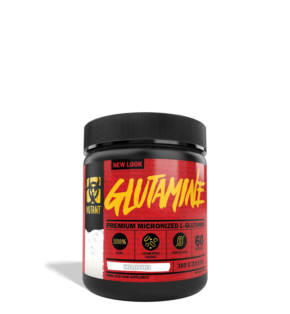 Mutant Premium Micronized L-Glutamine supplement 300g with red label for muscle recovery and immune support.