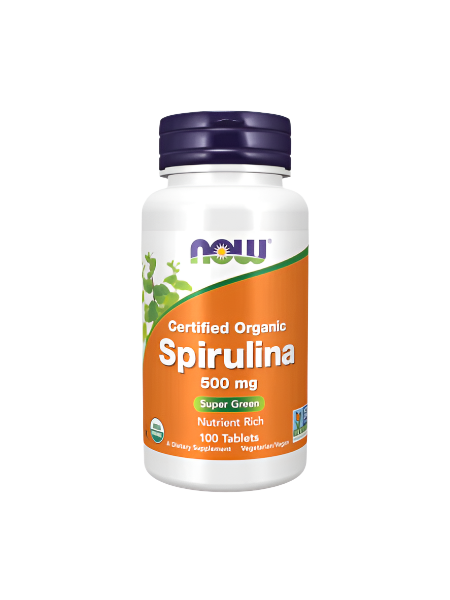 Bottle of Certified Organic Spirulina 500 mg, Super Green nutrient-rich dietary supplement with 100 tablets.