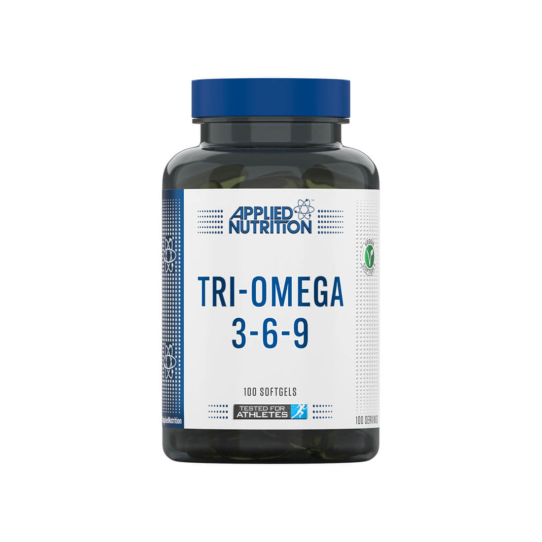 Tri-Omega 3-6-9 supplement bottle with 100 softgels for cardiovascular and anti-inflammatory health.