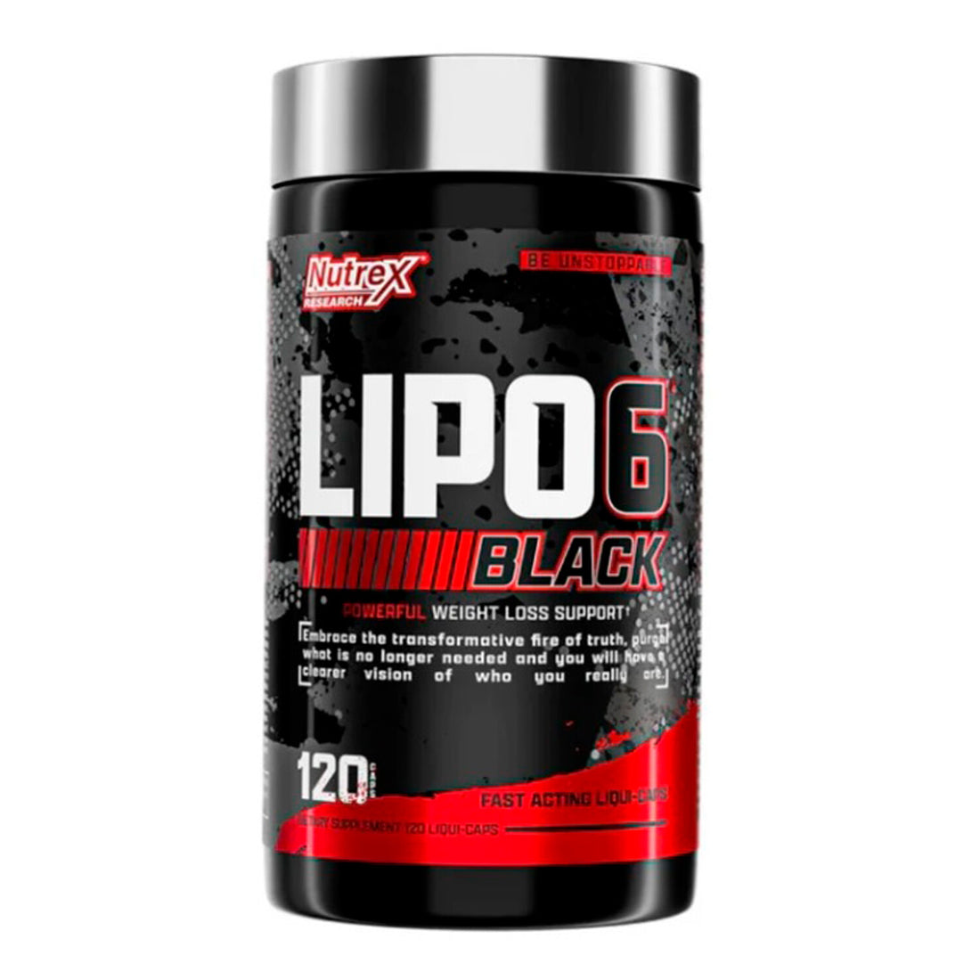 Lipo 6 Black thermogenic supplement bottle, 120 capsules, powerful weight loss support for fat burning and metabolism boost.