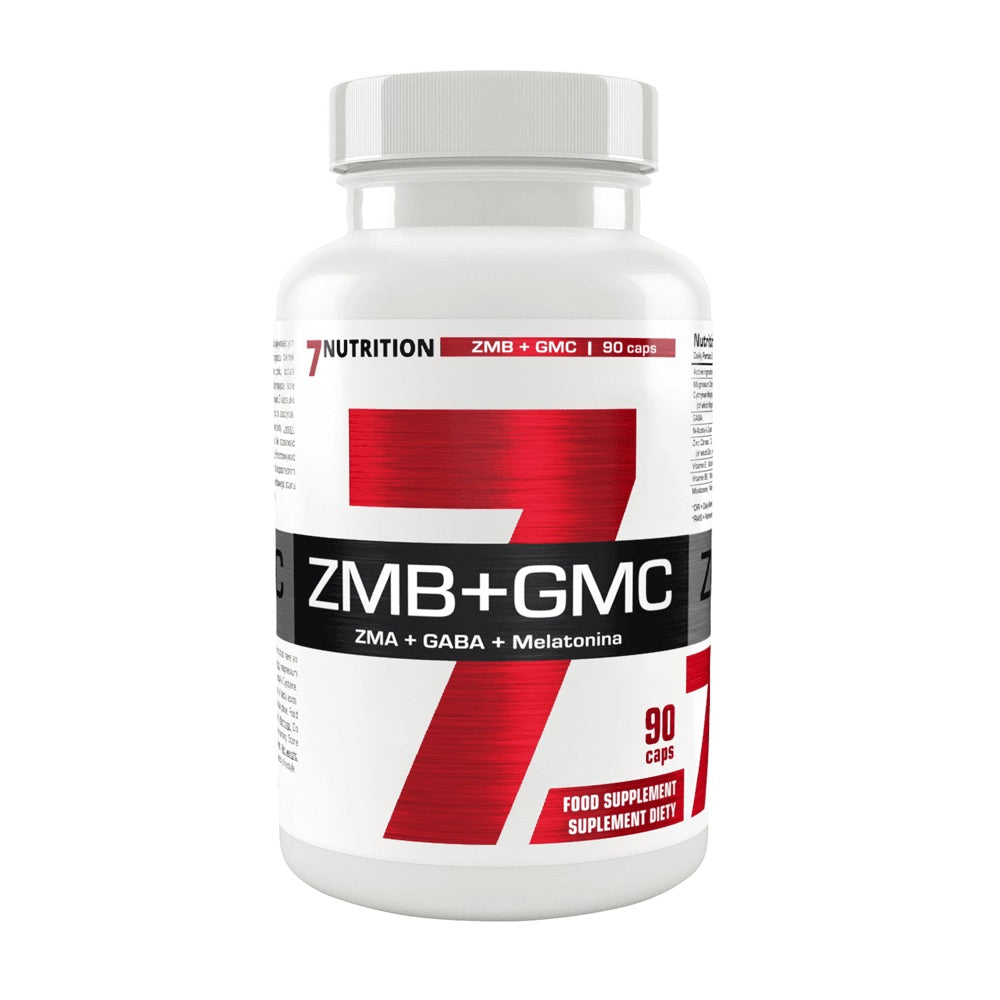 ZMB + GMC supplement by 7 Nutrition in a white container with red label for muscle recovery, 90 capsules.