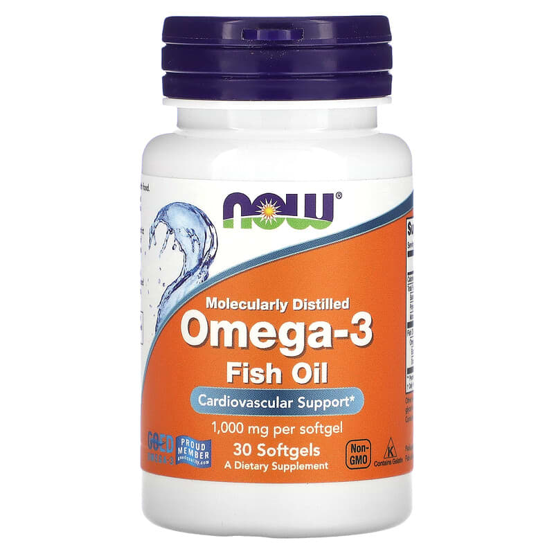 Bottle of 1000mg Omega-3 Fish Oil supplements with 30 softgels for cardiovascular support.