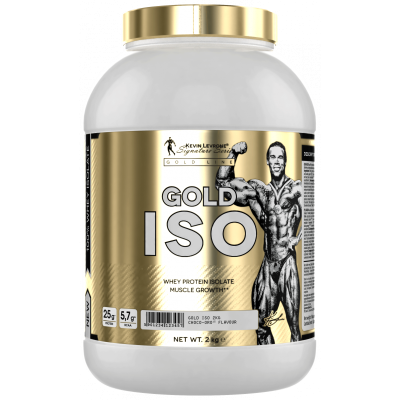 Levrone GOLD ISO protein powder 2kg, whey protein isolate for muscle growth, featuring high protein and no added sugars.