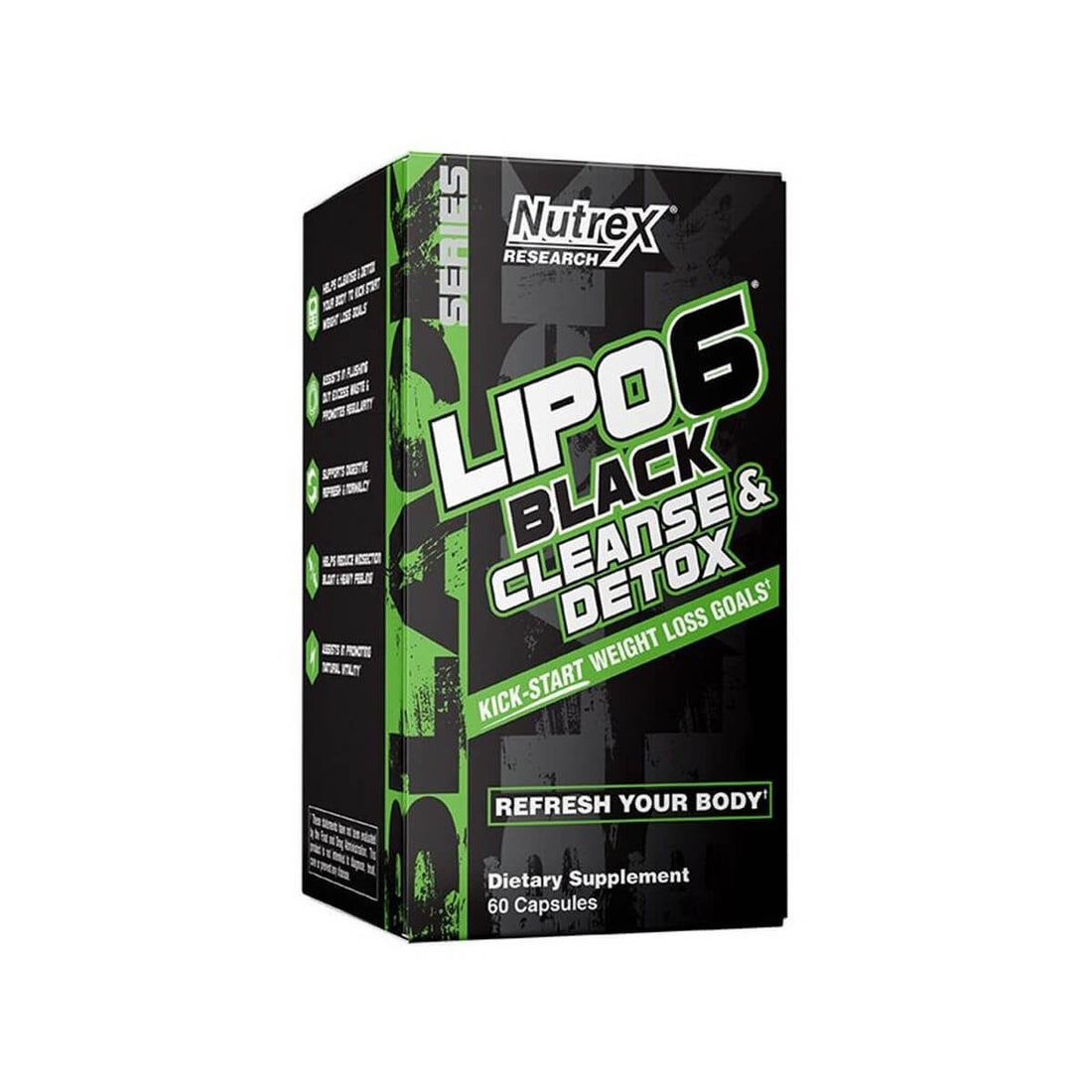 Nutrex Lipo 6 Black Cleanse & Detox supplement box packaging for digestive health and detoxification, 60 capsules.