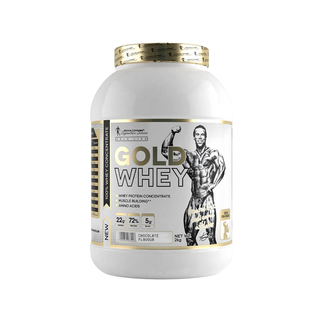 Gold Whey protein powder container featuring chocolate flavor and high protein content of 72g per 100g.