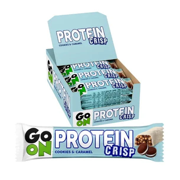 Go On Protein Crisp bar box featuring cookies and caramel flavor, ideal for workouts and healthy snacking.