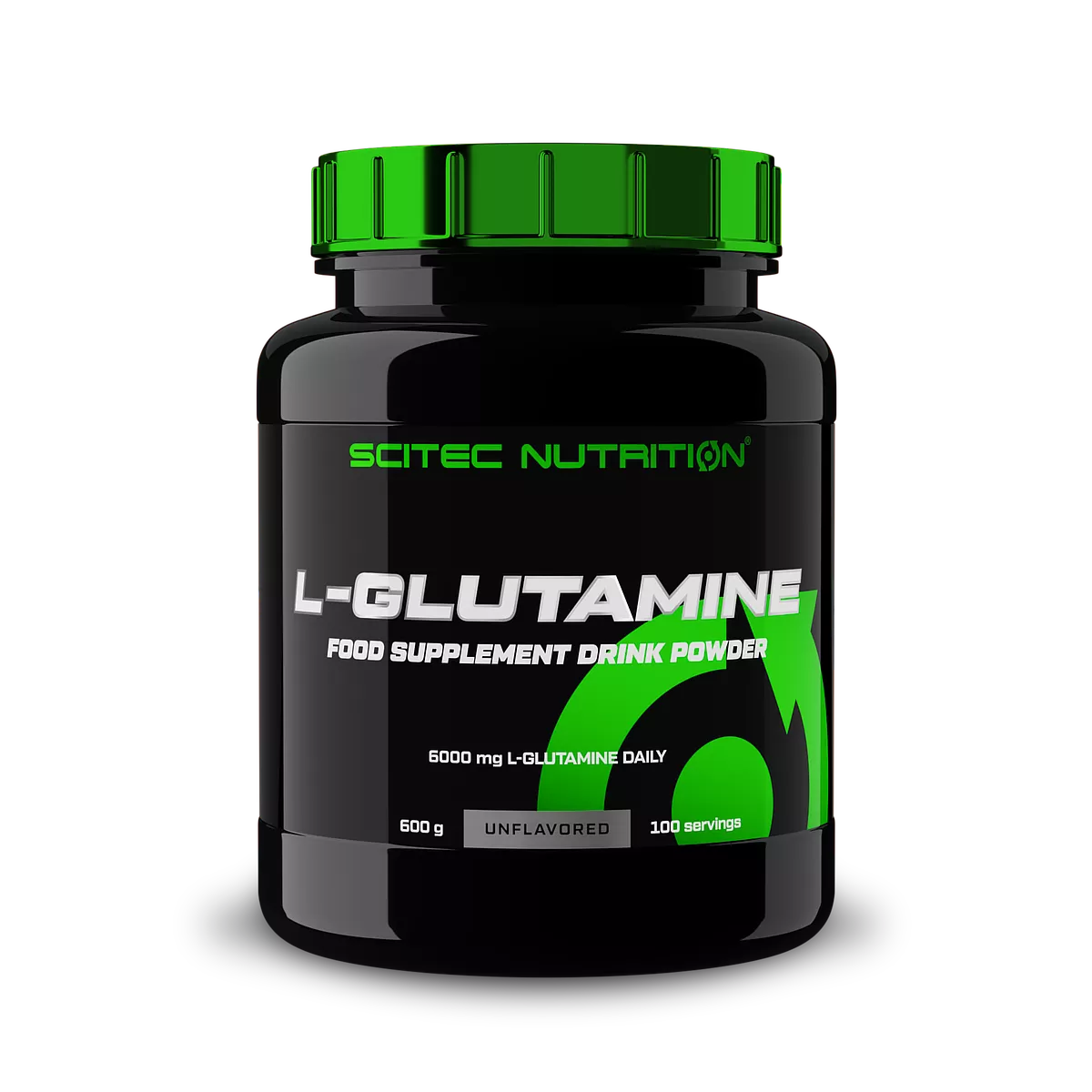 L-Glutamine supplement container by Scitec Nutrition for muscle recovery and immune support.