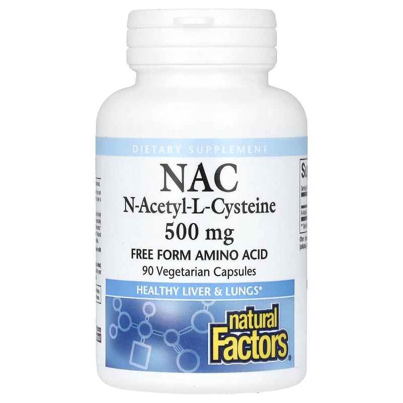 NAC 500mg N-Acetyl L-Cysteine dietary supplement bottle with 90 vegetarian capsules for health benefits.
