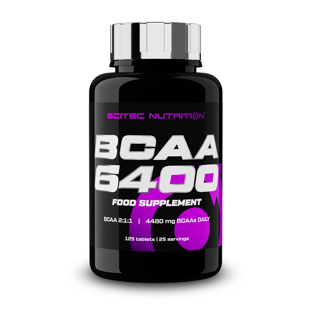 BCAA 6400 by Scitec Nutrition, a food supplement with 4480 mg of BCAAs per serving, 125 tablets in the bottle.