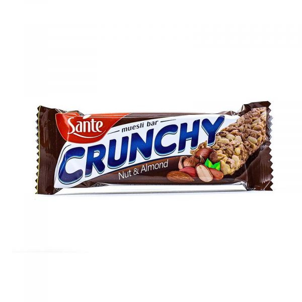 Sante Crunchy Muesli Bar packaging featuring nuts and almonds, perfect for a nutritious snack.