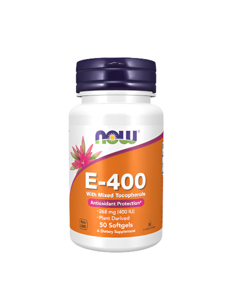 High potency vitamin E supplement bottle with mixed tocopherols and antioxidant protection.