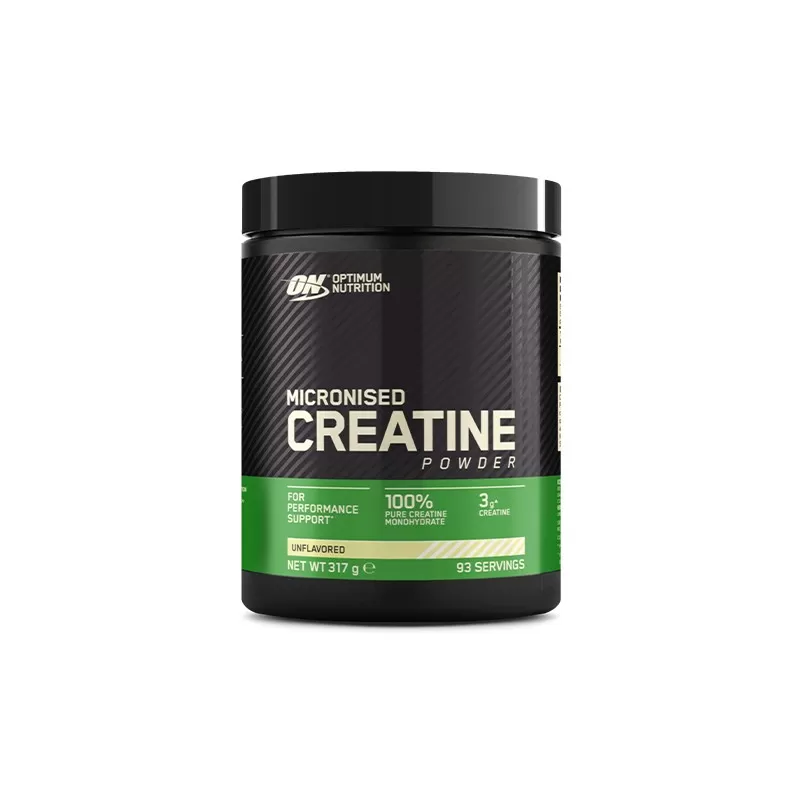 Micronised creatine powder by Optimum Nutrition in a 317g container with 93 servings for performance support.