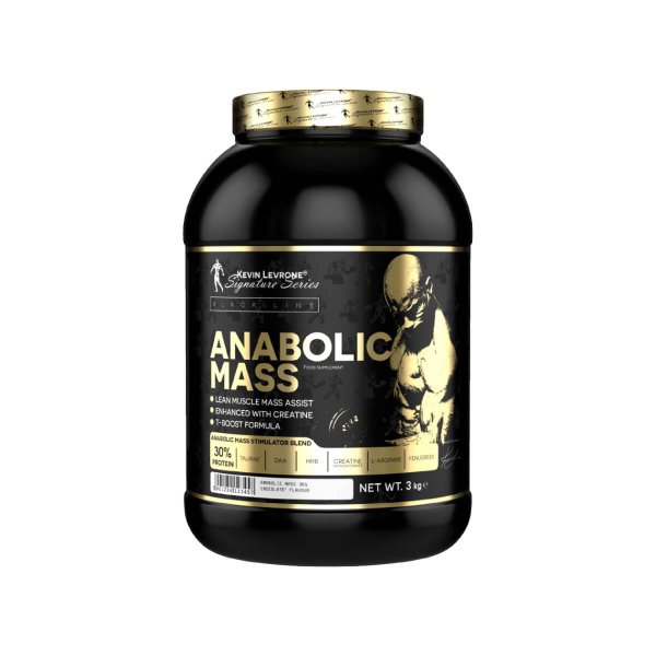 Anabolic Mass supplement container featuring a black design and protein blend for muscle gain, 3 kg size.