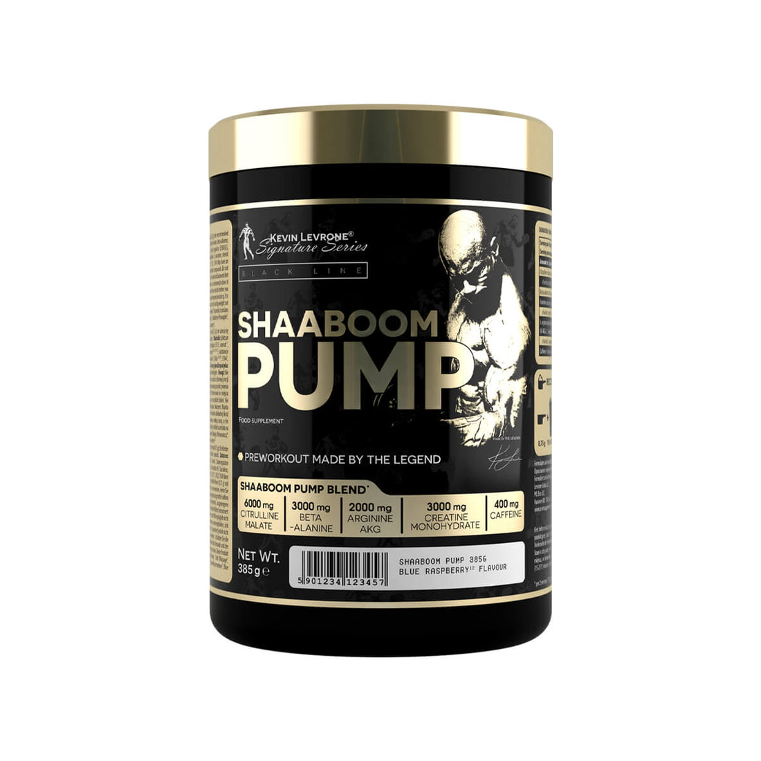 Shaaboom Pump pre-workout supplement jar featuring black and gold design, 385g, blue raspberry flavor.