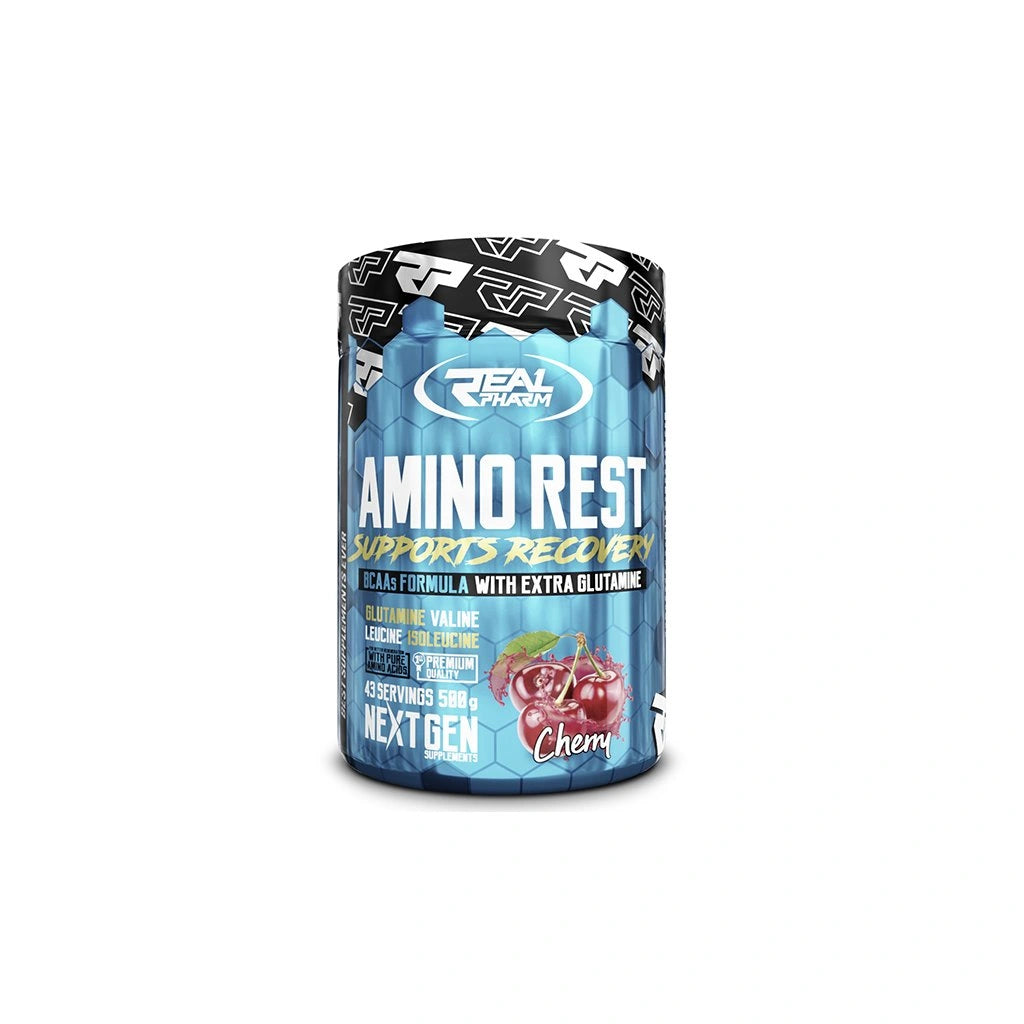 Real Pharm Amino Rest recovery supplement with cherry flavor, 500g container, supports muscle recovery post-workout.