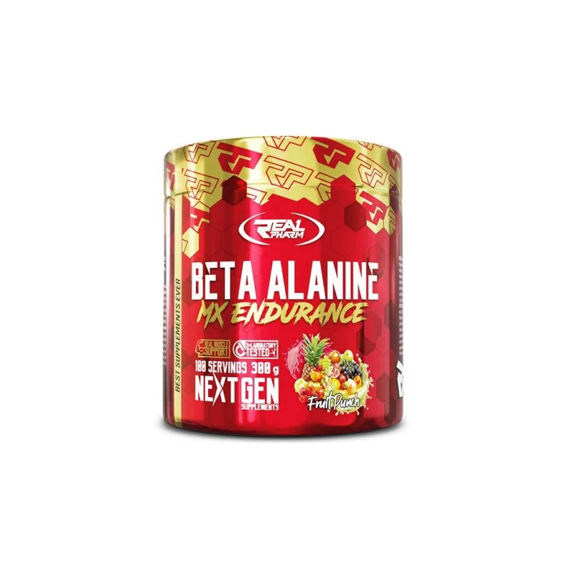 Real Pharm Beta Alanine supplement container with vibrant red and gold design, promotes endurance and performance in workouts.