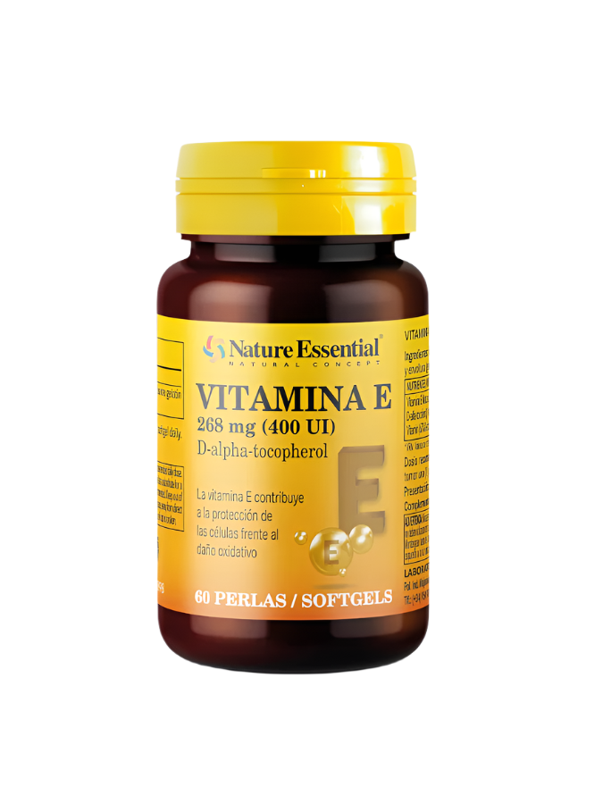 Nature Essential natural vitamin E supplement in a 60 softgel bottle, supports skin health and immune function.