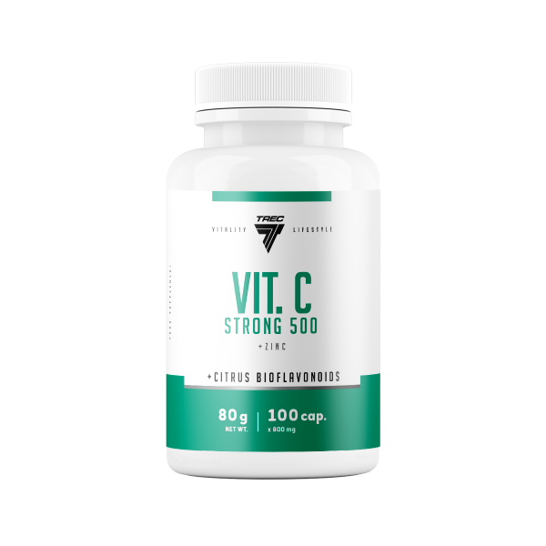 Vitamina C Strong 500 suplemento em frasco, contém 100 cápsulas com 500 mg de Vitamina C e zinco.