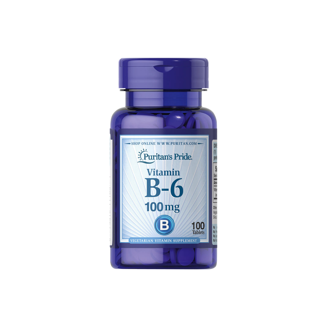 Puritan's Pride Vitamin B6 supplement bottle with 100 tablets, essential for metabolism and energy support.
