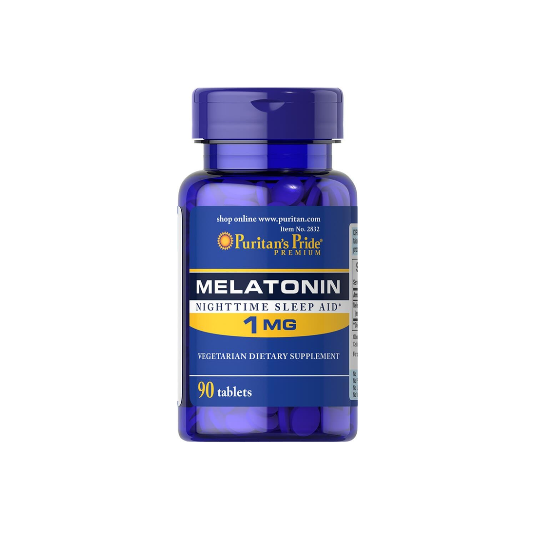 Puritan's Pride Melatonin 1mg supplement bottle with 90 tablets for improved sleep quality.