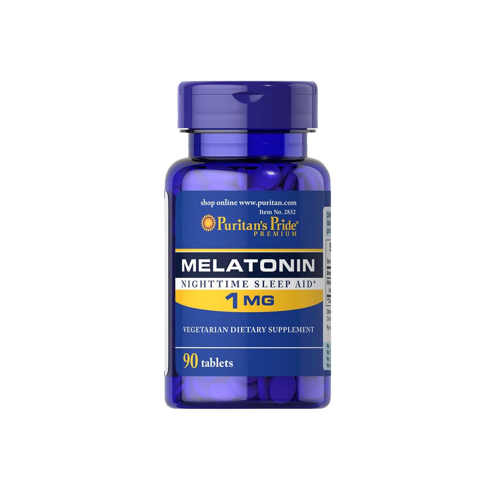 Puritan's Pride Melatonin 1mg supplement bottle with 90 tablets for improved sleep quality.