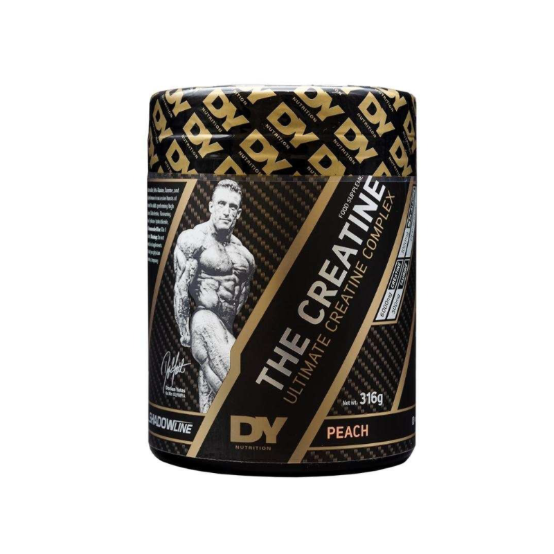 Dorian Yates creatine supplement container featuring ultimate creative complex in peach flavor.