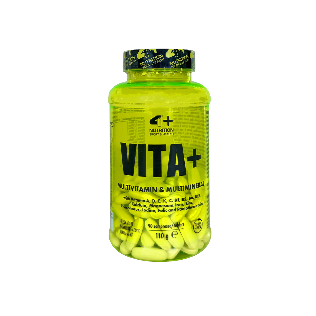 4+ Nutrition VITA+ multivitamin supplement bottle with green capsules in a clear container.