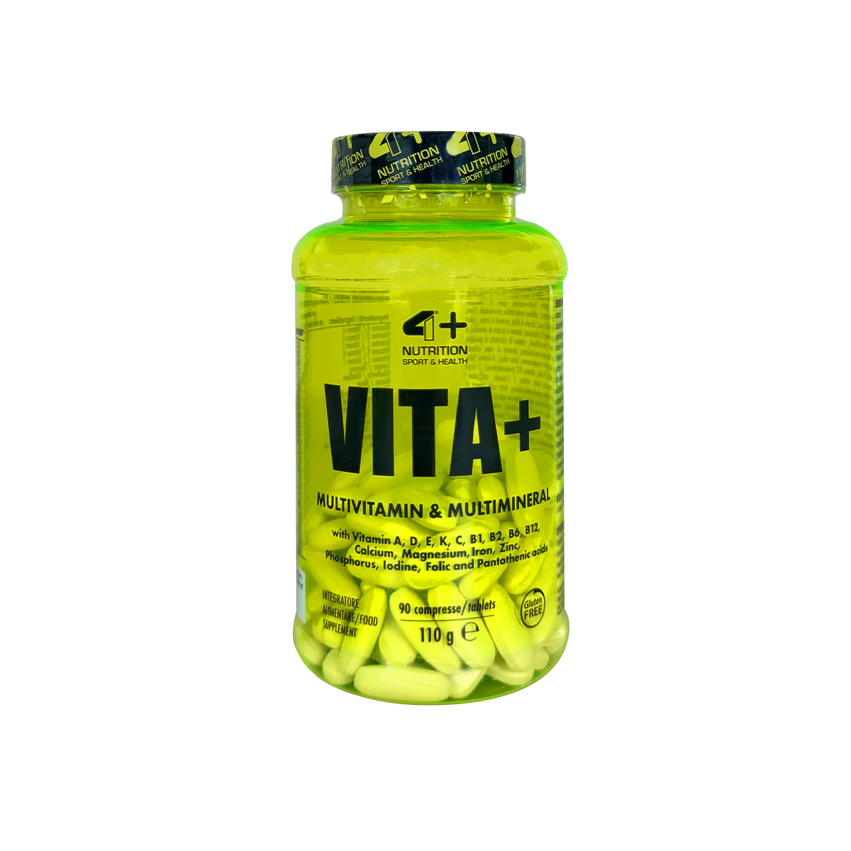 4+ Nutrition VITA+ multivitamin supplement bottle with green capsules in a clear container.