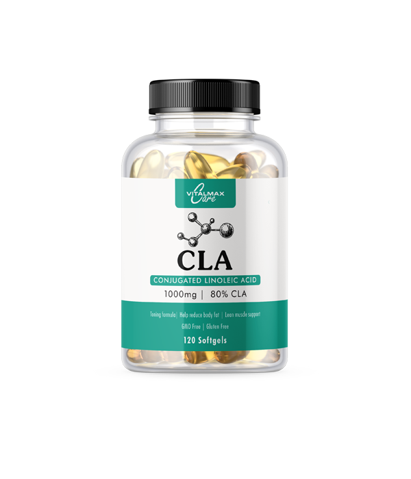 Vitalmax Care CLA 1000mg supplement bottle with softgels for weight loss and muscle support.