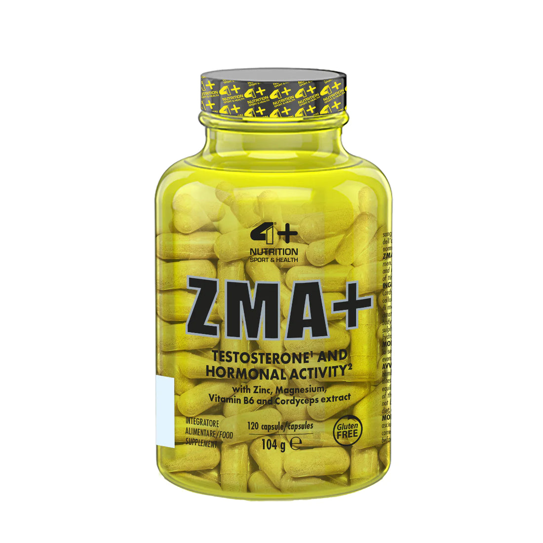 4+ Nutrition ZMA+ supplement bottle with 120 capsules for improved recovery and sleep quality.