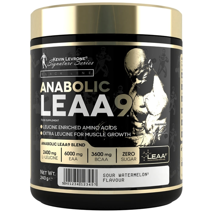 ANABOLIC LEAA 9 supplement jar with sour watermelon flavor, enriched with amino acids for muscle growth.