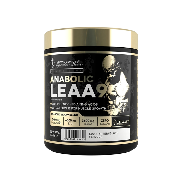 ANABOLIC LEAA 9 supplement container showcasing essential amino acids for muscle growth, 240g in sour watermelon flavor.