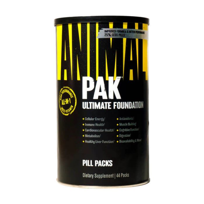 Animal Pak multivitamin supplement container with 44 pill packs for athletic performance and health support.