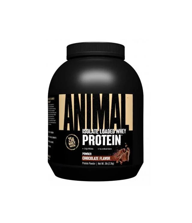 Animal Whey Protein Isolate 2.3 kg chocolate flavor supplement with 25g protein per serving.