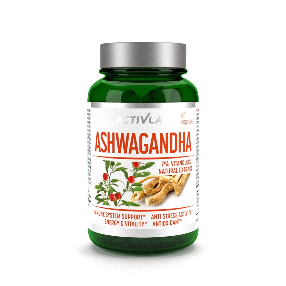 Activlab Ashwagandha supplement bottle for stress relief and wellness support, featuring natural extract and capsules.