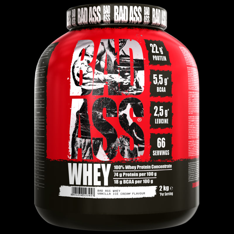 Whey Bad Ass protein powder in a 2kg container featuring 22g protein, BCAA, and vanilla ice cream flavor.