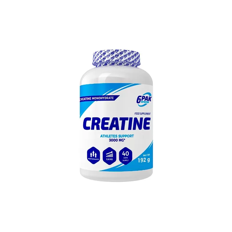 6pak Creatine monohydrate supplement bottle for athlete support, 192 g, 40 servings.