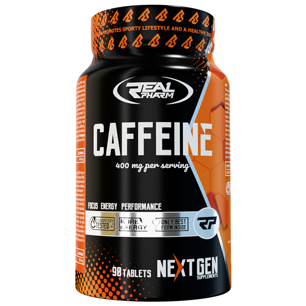 Real Pharm Caffeine supplement bottle with 90 tablets, promoting energy, focus, and performance for workouts.
