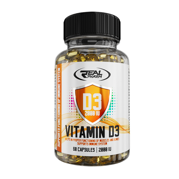 Real Pharm D3 2000 Vitamin D3 supplement bottle with 68 capsules, promotes immune health and bone strength.