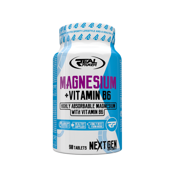 Real Pharm Magnesium + B6 supplement bottle, contains 90 highly absorbable tablets for muscle relaxation and stress relief.