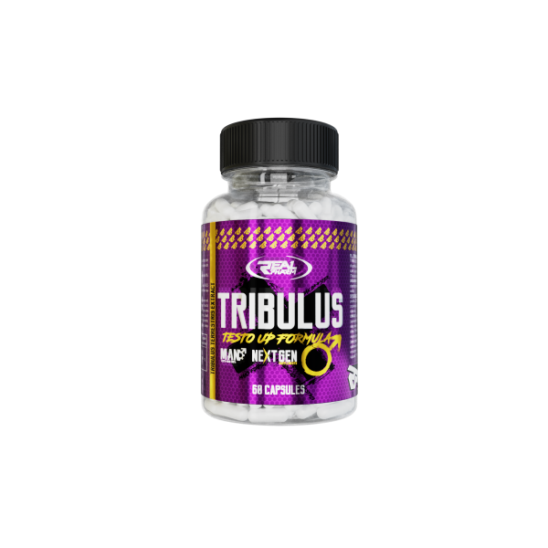 Real Pharm Tribulus supplement bottle with 68 capsules designed to enhance testosterone and athletic performance.