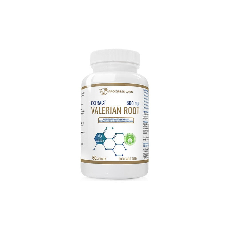 Progress Labs Valerian Root Extract supplement bottle, 500mg, 60 capsules for relaxation and better sleep.