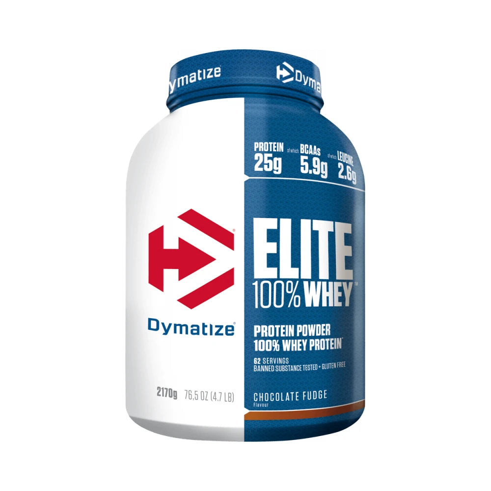 Dymatize Elite Whey Protein Powder 2170g in Chocolate Fudge flavor, featuring 25g protein per serving.