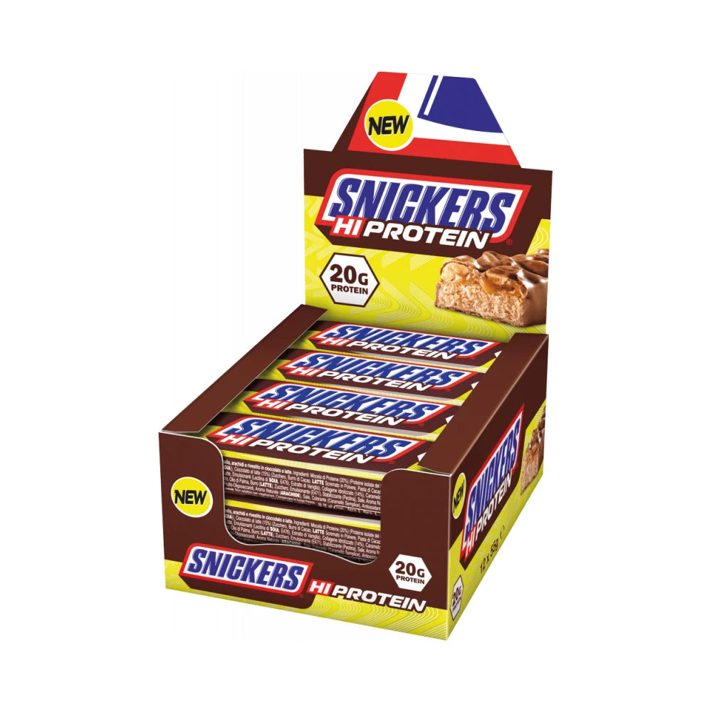 Snickers High Protein Bar display box featuring 12 bars, each with 20g protein, perfect for fitness enthusiasts.