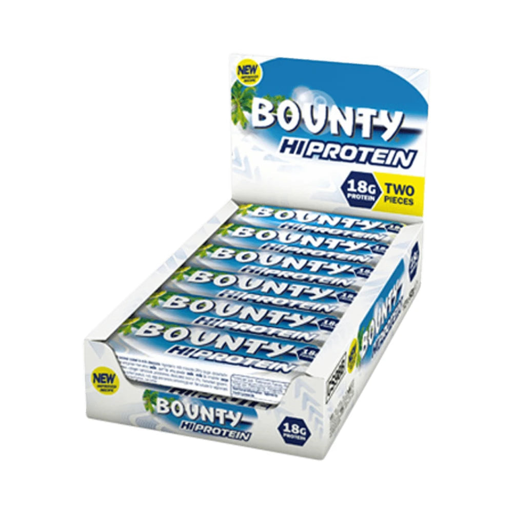 Bounty High Protein Bars with 18g protein, displayed in a box, featuring coconut flavor and two bars per pack.