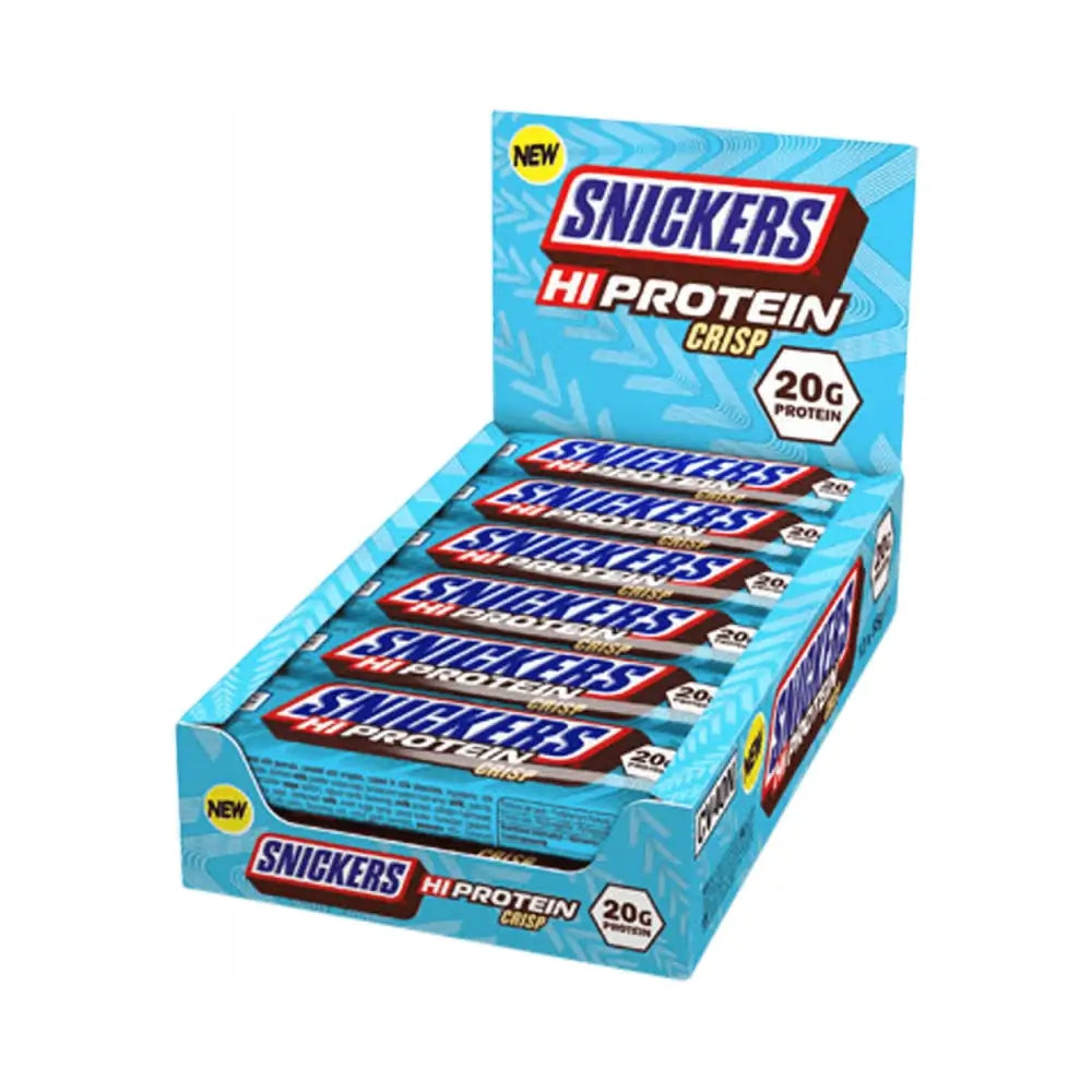 Snickers High Protein Crisp Bar display box featuring 20g protein per bar, 12 bars in total.